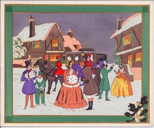 Cartolina di Natale francese pochoir colorata a mano di una scena di villaggio con una carrozza e cavalli, circa 1920