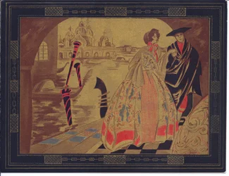 Cartolina di auguri francese pochoir colorata a mano di una scena veneziana, circa 1920
