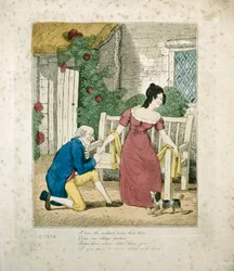 Scena litografata a mano colorata di un uomo che propone, c.1800
