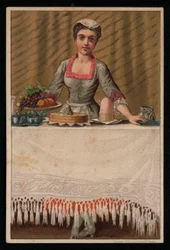 Cameriera che apparecchia una tavola con cibo, cartolina di auguri