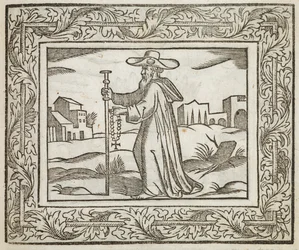 Un uomo che tiene un bastone e un crocifisso, illustrazione da 