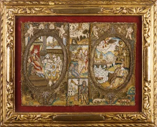 Rilegatura di libro ricamata raffigurante scene religiose con un re seduto e un angelo che si rivolge a un uomo vicino a un fiume