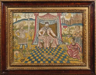 Un quadro ricamato che raffigura il re Assuero seduto sotto un baldacchino, che porge il suo scettro a Ester