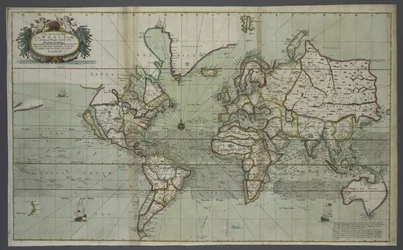 Una nuova e corretta mappa del mondo da un atlante del mare, 1707 (stampa colorata a mano)