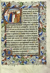 Una pagina di un salterio in latino, con una lettera istoriata raffigurante un gruppo di monaci davanti a un leggio che cantano, c.1455