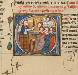 Un sacerdote che scomunica le persone alzando una candela, Royal MS 6 E VII, f.75v (pergamena)