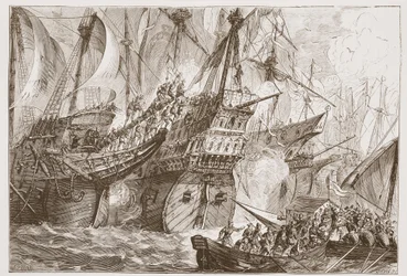 Azione tra la flotta spagnola e le navi dei Mendicanti del Mare, illustrazione da The History of Protestantism di James Aitken Wylie, pub. 1878