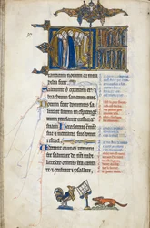 Add. 50000, f.146v Salmo 97; iniziale "C", tre chierici a un leggio, cantano. In fondo al foglio, un gallo predica a una volpe, dal Salterio di Oscott, ca. 1265-70