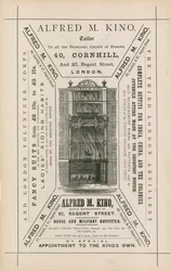 Pubblicità per Alfred M Kino, sarto, 40 Cornhill e 87 Regent Street, Londra