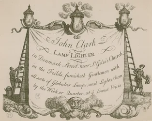 Pubblicità per John Clarke, accenditore di lampade, Denmark Street, Londra