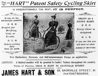 Pubblicità per la gonna da ciclismo di sicurezza brevettata Hart, c.1897