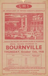 Pubblicità per escursione ferroviaria alla fabbrica e villaggio giardino di Cadburys a Bournville