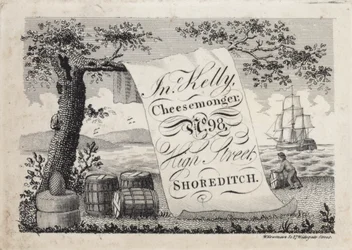 Pubblicità per John Kelly, venditore di formaggi, 98 High Street, Shoreditch, Londra