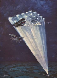 Aeroplani illuminati da una griglia di fari di notte