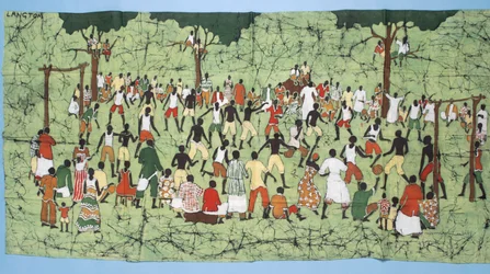 Batik africano, che illustra una partita di calcio con spettatori che guardano