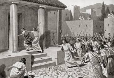 Alcandro, un giovane di Sparta, attacca Licurgo, dalla «Storia delle nazioni» di Hutchinson, pubblicata nel 1915