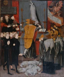 Allegoria anticattolica con ritratti di Stephen Gardiner, il vescovo di Winchester e i vescovi Bonner e Tunstall come lupi, e con i corpi di Hooper, Cranmer, Goodrich, Ridley Latimer e Rogers come agnelli, c.1555