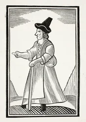 Una vecchia che sgrida con un cappello a corona alta, illustrazione da Chap-books del XVIII secolo di John Ashton, pub. 1882
