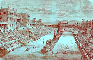 Arena antica restaurata - Gara di carri, illustrazione da The Illustrated History of the World, pubblicato c.1880