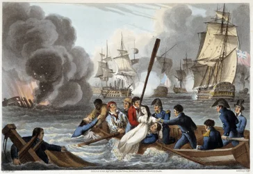 Aneddoto a Trafalgar in "Historical, military and naval anecdotes and incidents that arrived at the arms of Great Britain and their allies, ending in Waterloo" di Edward Orme. Ill. di Fry, Sutherland, Clark, Dubourg, W.Heart, JA, Atkinson... Ed. 1819, L