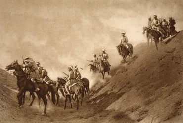 Polizia montata araba che aiutava i britannici ad attraversare il letto prosciugato di un antico canale, 1914-19