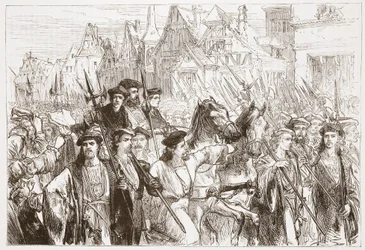 Arrivo dei teologi di Wittemberg a Lipsia, illustrazione da La storia del protestantesimo di James Aitken Wylie (1808-1890), pub. 1878