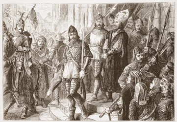 Mentre lo conducevano fuori dalla chiesa... iniziò a cantare, Credo in Unum Deum, illustrazione da La storia del protestantesimo di James Aitken Wylie (1808-1890), pub. 1878