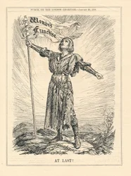 Finalmente, illustrazione di una guerriera che celebra il diritto di voto delle donne, Punch, 23 gennaio