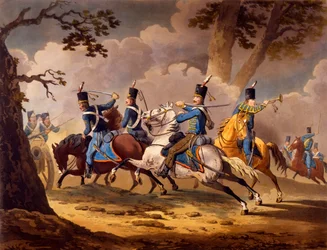 Fanteria austriaca che difende la propria artiglieria dagli ussari prussiani, dalla serie Azioni di cavalleria degli alleati durante le campagne napoleoniche pubblicata 1799-1802