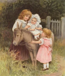 Bambino che cavalca un asino