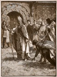 Becket davanti ai suoi nemici nella sala del consiglio a Northampton, illustrazione da Cassells Illustrated History of England