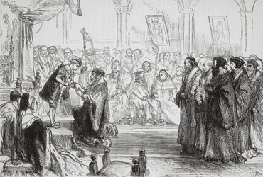 Beza che presenta la Confessione della Chiesa protestante francese al re al Colloquio di Poissy, illustrazione da La storia del protestantesimo di James Aitken Wylie (1808-1890), pub. 1878