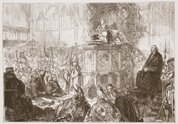 Il vescovo di Lodi predica al processo di Huss, illustrazione da La storia del protestantesimo di James Aitken Wylie (1808-1890), pub. 1878