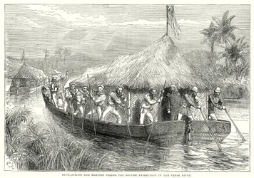 Giacche blu e marines che risalgono il fiume Perak con la spedizione britannica (incisione)