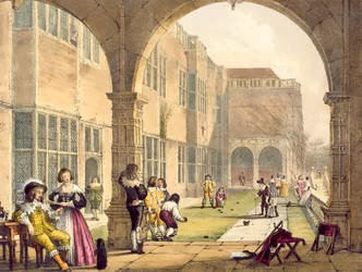 Bocce sulla terrazza a Bramshill nel 1600, da Architettura del Medioevo di Joseph Nash, pubblicato nel 1838