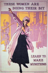 Manifesto britannico della Prima guerra mondiale per incoraggiare le donne a lavorare nelle fabbriche di munizioni, ca. 1914-18