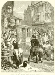 Buckingham, il favorito del re, che attraversa le strade nella sua portantina