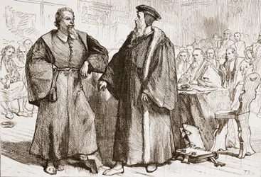 Calvino e Serveto davanti al Consiglio di Ginevra, illustrazione da La storia del protestantesimo di James Aitken Wylie (1808-1890), pub. 1878