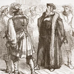Calvino davanti ai suoi nemici nel Consiglio, illustrazione da La storia del protestantesimo di James Aitken Wylie (1808-1890), pub. 1878