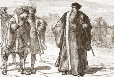 Calvino insultato dai libertini sul ponte del Rodano, illustrazione da La storia del protestantesimo di James Aitken Wylie (1808-1890), pub. 1878