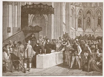 Calvino che rifiuta la Cena del Signore ai Libertini, nella Cattedrale di San Pietro, Ginevra, illustrazione da The History of Protestantism di James Aitken Wylie, pub. 1878