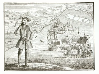 Capitano Bartholomew Roberts (1682-1722) con due navi, la Royal Fortune e la Ranger salpano a Whydah Road sulla costa della Guinea, 11 gennaio 172? da Una storia generale dei furti e degli omicidi dei pirati più noti