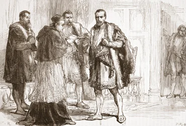 Il cardinale de Tournon legge il manifesto protestante a Francesco I, illustrazione da La storia del protestantesimo di James Aitken Wylie (1808-1890), pub. 1878