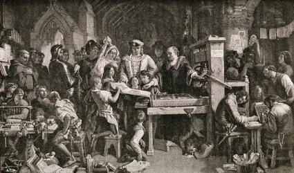 Caxton (c.1422-91) che mostra esemplari della sua stampa a Re Edoardo IV all