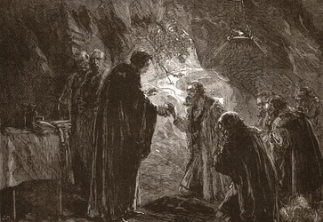 Celebrazione della Cena del Signore da parte di Calvino e dei suoi compagni protestanti nella grotta di Poitiers, illustrazione da La storia del protestantesimo di James Aitken Wylie (1808-1890), pub. 1878