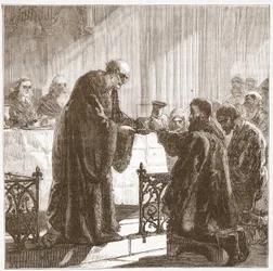Celebrazione della Cena del Signore in forma protestante da parte degli zurighesi, illustrazione da La storia del protestantesimo di James Aitken Wylie, pub. 1878