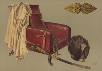 Sedia e mantello del Feldmaresciallo Duca di Wellington, con colbacco e spada delle Guardie Granatieri (cromolitografia)