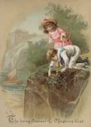Bambini che raccolgono fiori su una riva del fiume, cartolina di Natale (cromolitografia)