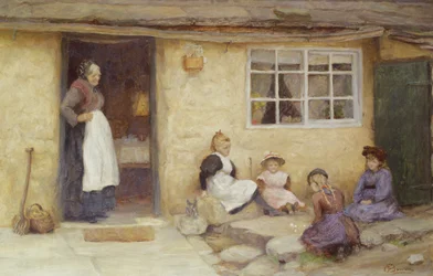 Bambini che giocano a dadi vicino a un cottage