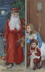 Bambini in attesa di Babbo Natale, cartolina di Natale (cromolitografia)